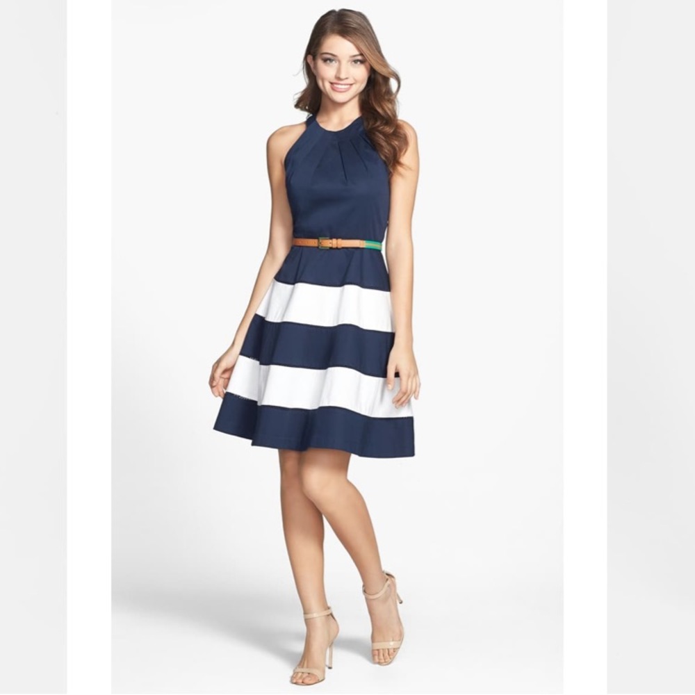 Eliza J Stripe Sateen Fit & Flare Dress